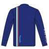 back view of Red, white, Royal Blue and light blue performance long sleeve with Mercury Racing logo on back of garment