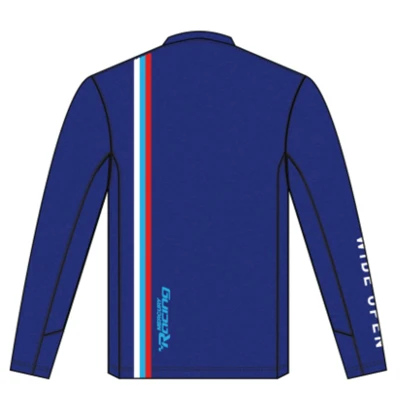 Red, white, Royal Blue and light blue performance long sleeve with Mercury Racing logo on left chest and words WIDE OPEN on right sleeve