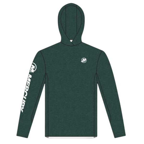 Dark green hooded performance shirt with white Mercury Marine graphic on left chest and on sleeve