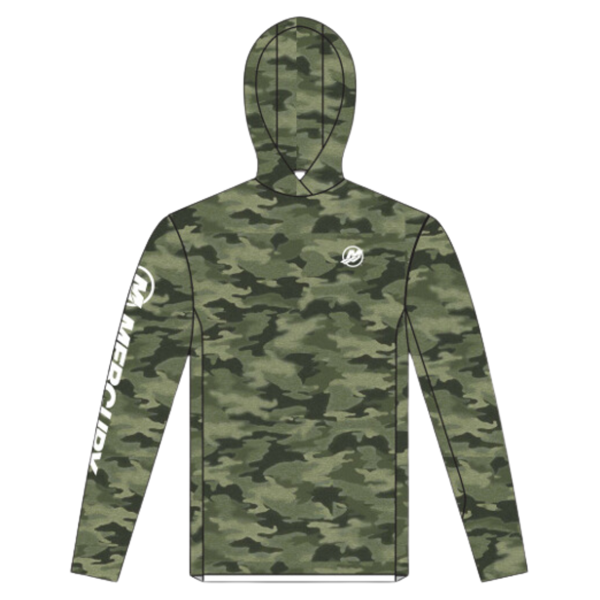 Pine camo heather hooded performance shirt with white Mercury Marine graphic on left chest and on right sleeve