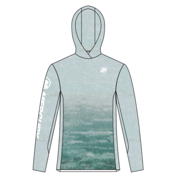 Textured Light Blue hooded performance shirt with white Mercury Marine logo on left chest and sleeve