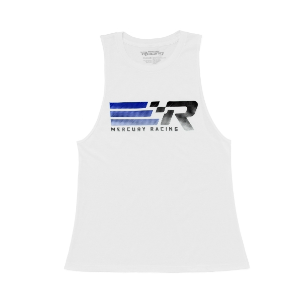 Image of a white tank with black and blue Mercury Racing design