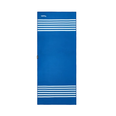 Image of a blue towel with white stripes and Mercury Racing logo