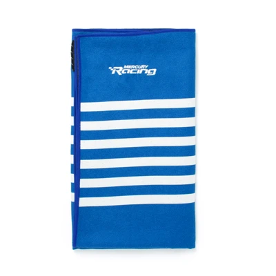 Image of a blue towel with white stripes and Mercury Racing logo