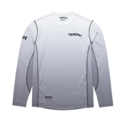 Image of a white to black gradient long sleeve with black Mercury logo