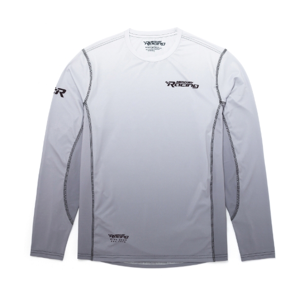 Image of a white to black gradient long sleeve with black Mercury logo