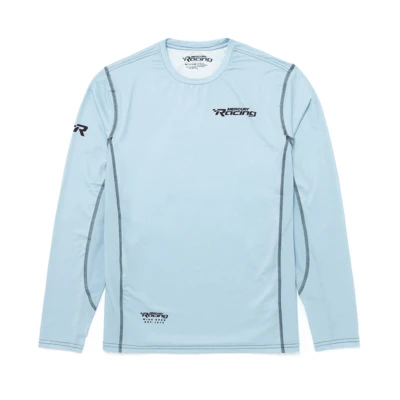 Image of a blue long sleeve performance shirt with black Mercury Racing logo