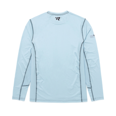 Image of a blue long sleeve performance shirt with black Mercury Racing logo