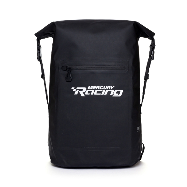 Image of a black waterproof backpack with white Mercury Racing logo