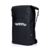 Image of a black waterproof backpack with white Mercury Racing logo