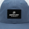 Image of a blue cap with white mesh back and black Mercury patch on the front	