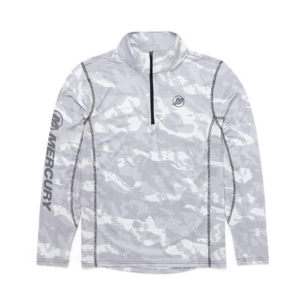 Image of a gray camo quarter zip with black Mercury logo