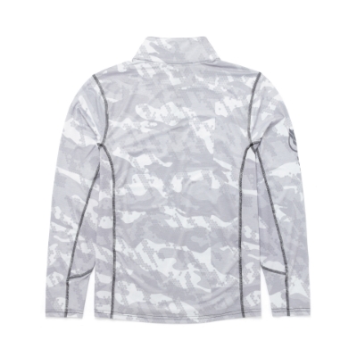 Image of a gray camo quarter zip with black Mercury logo