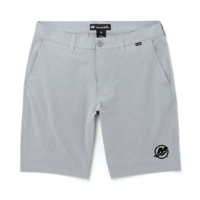 Image of gray performance shorts with black Mercury logo