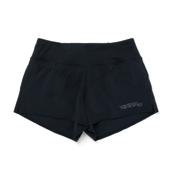 Image of black shorts with gray Mercury Racing logo