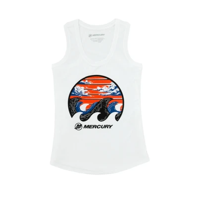 Image of the white Women's Big Wave Tank with the Mercury graphic design on the front