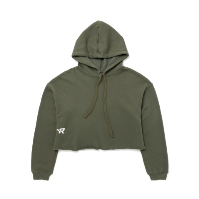 Image of a green cropped hoodie with white Mercury logo