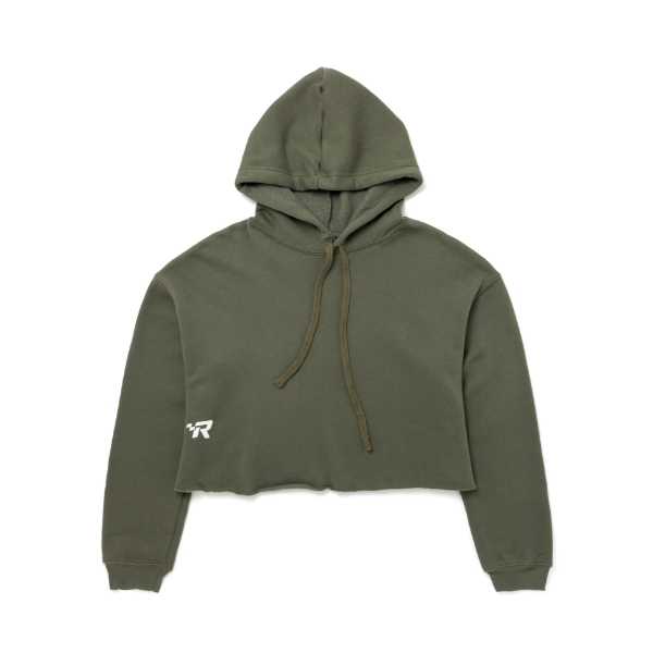 Image of a green cropped hoodie with white Mercury logo