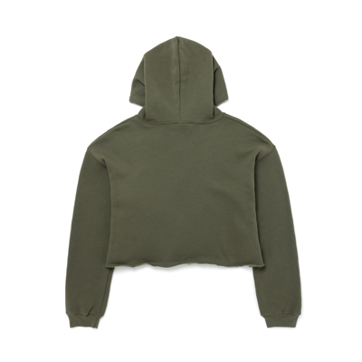 Image of a green cropped hoodie with white Mercury logo