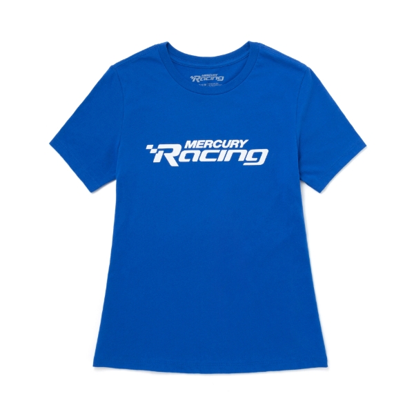 Image of a blue tee with white Mercury Racing logo on the front