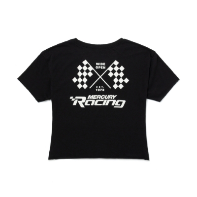 Image of the Mercury Racing Women's Ready to Race Crop Tee with white Racing logo on the left chest