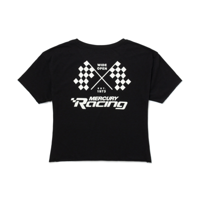 Image of a black crop top with white Mercury Racing logo on front and back