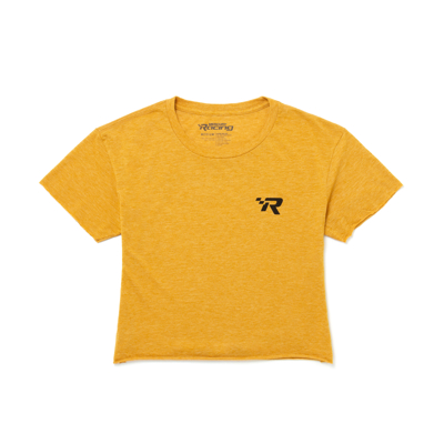 Image of a yellow crop top with black Mercury Racing logo on front and back	