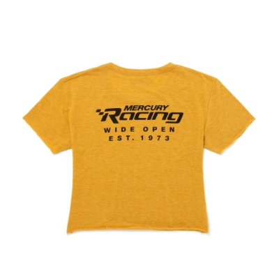 Image of the Mercury Racing Women's Start Your Engine Crop Tee with black Racing logo on the left chest