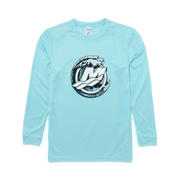 Image of a blue long sleeve with black and white Mercury wave design