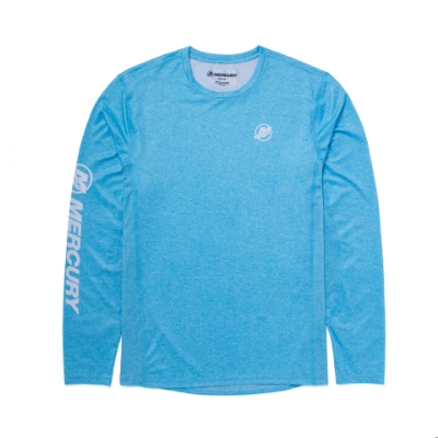 Image of the Columbia Blue Long Sleeve Performance Shirt with Mercury logo on the left chest and on the right sleeve