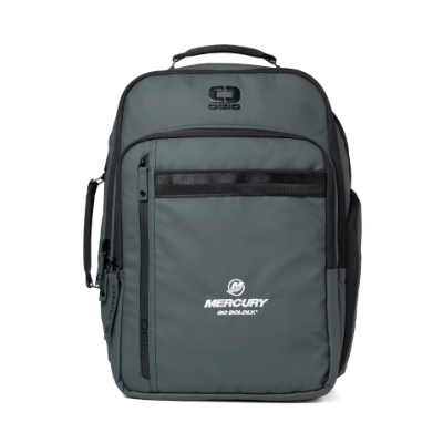 Image of the Ogio Motion Backpack with white Mercury Go Boldly logo on the front pocket