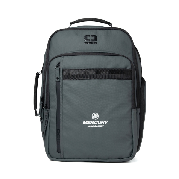 Image of the Ogio Motion Backpack with white Mercury Go Boldly logo on the front pocket