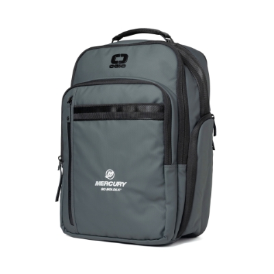 Image of the Ogio Motion Backpack with white Mercury Go Boldly logo on the front pocket