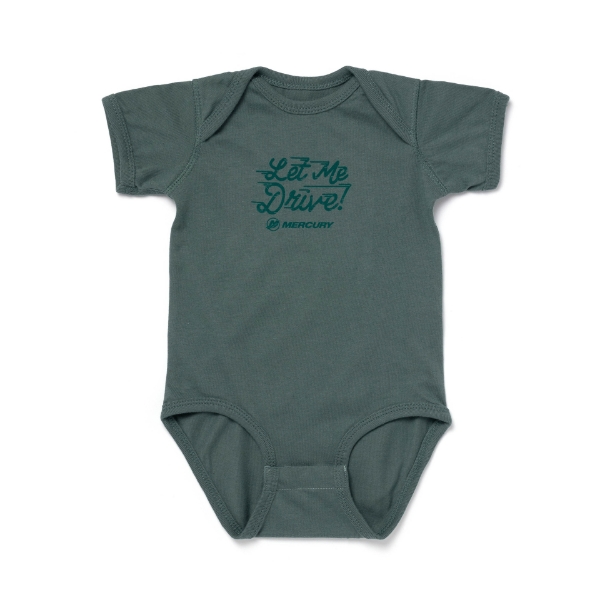 Image of the Let Me Drive Baby Onesie with Mercury logo and the word "Let Me Drive" on the front