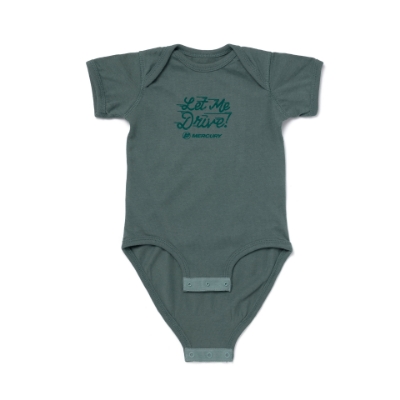 Image of the Let Me Drive Baby Onesie with Mercury logo and the word "Let Me Drive" on the front