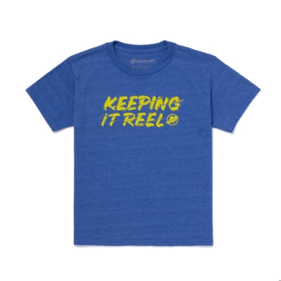 Image of the Heather Sport Royal Youth Keeping it Reel Sweatshirt with yellow Mercury logo and the word "Keeping It Reel" on the front