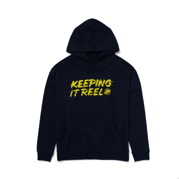 Image of the black Youth Keeping it Reel Sweatshirt with yellow Mercury logo and the word "Keeping It Reel" on the front