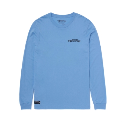 Light Blue Mercury Racing Long Sleeve Front Product Image with Mercury Racing Logo on the left chest and Mercury Racing Patch on the lower right