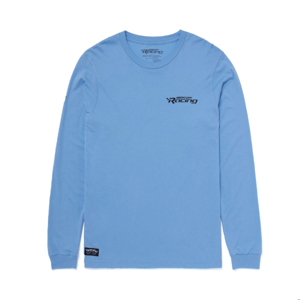 Light Blue Mercury Racing Long Sleeve Front Product Image with Mercury Racing Logo on the left chest and Mercury Racing Patch on the lower right