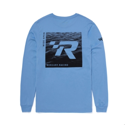 Light Blue Mercury Racing Long Sleeve Front Product Image with Mercury Racing Logo on the left chest and Mercury Racing Patch on the lower right