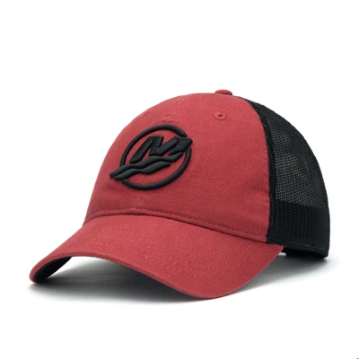 A red trucker hat with a black mesh back and a black embroidered Mercury logo on the front.