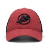 A red trucker hat with a black mesh back and a black embroidered Mercury logo on the front.