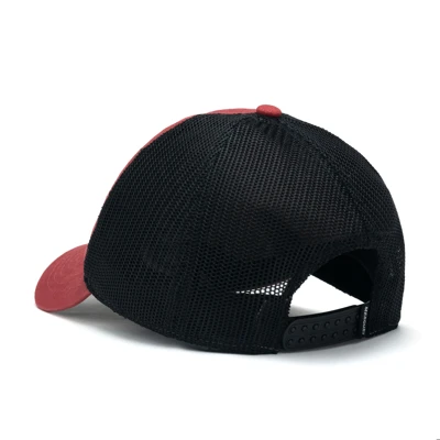 A red trucker hat with a black mesh back and a black embroidered Mercury logo on the front.