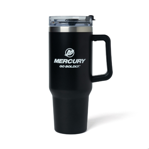 A black stainless steel tumbler with a handle and a straw. It has the Mercury Marine logo and the slogan "Go Boldly" on the side.