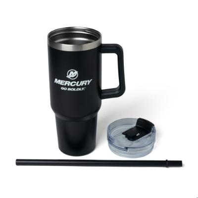 A black stainless steel tumbler with a handle and a straw. It has the Mercury Marine logo and the slogan "Go Boldly" on the side.