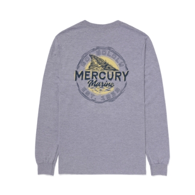 A light gray long-sleeved t-shirt with the Mercury Marine logo on the left chest.