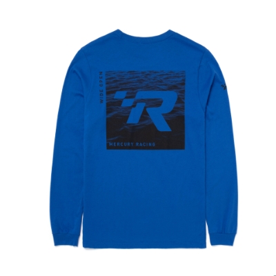 Front image of the Royal Mercury Racing Long Sleeve with Mercury Racing logo on the left chest and on the bottom right