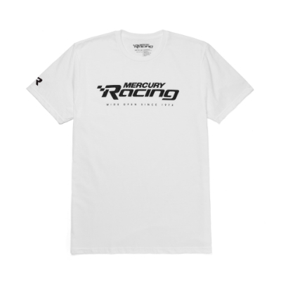 Image of the white  Mercury Racing Speed Tee with Mercury Racing logo on the front and on the right sleeve