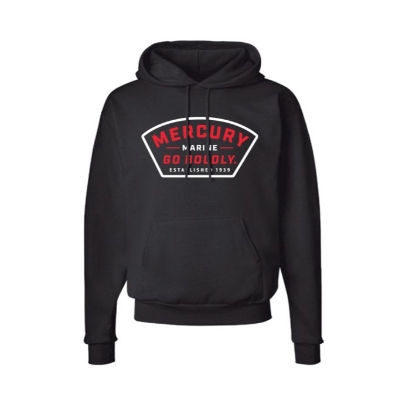 Mercury Marine Go Boldy Black Hoodie product image on white background