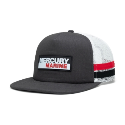 Left side image of the Striped Trucker Cap with Mercury Marine Patch on the front